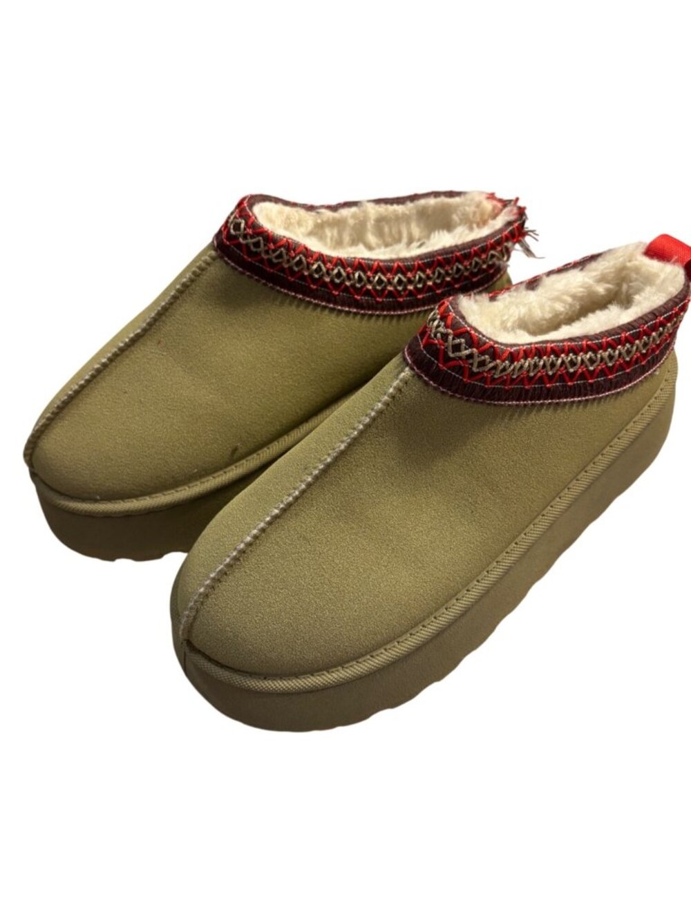Tan Slip On Platform Slippers Red Embroidered Trim Faux Fur Lining
